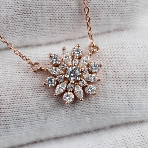 Antique Inspired Floral Diamond Cluster Pendant Necklace 14k Rose, Yellow, White Gold or Platinum. Floral Motif Jewelry image 1