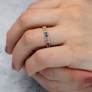 Pastel Rainbow Sapphire in U-cut Pave Setting Multicolor Gemstone Ring Wedding and Anniversary Fully Customizable Made in USA image 7