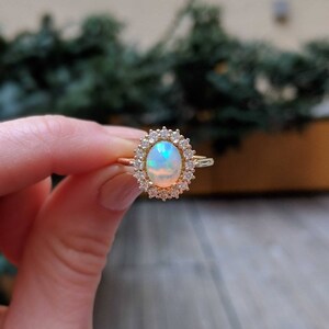 Vintage Style Oval Opal Diamond Halo Engagement Ring 14k, 18k Yellow, Rose, White Gold or Platinum. Custom Fine Jewelry image 9