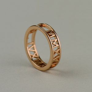 Custom Rose Gold Roman Numeral Ring 14k, 18k Rose Gold. Personalized Name, Date, Symbol, Number. Wedding and Anniversaries image 1