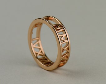 Custom Rose Gold Roman Numeral Ring - 14k, 18k Rose Gold. Personalized Name, Date, Symbol, Number. Wedding and Anniversaries