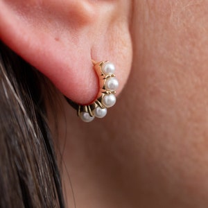 Freshwater Pearl Huggie Hoops by Sevgi Jewelry • Bridal Earrings Available in Platinum and Solid 14k, 18k Gold • Custom Gifts for Her