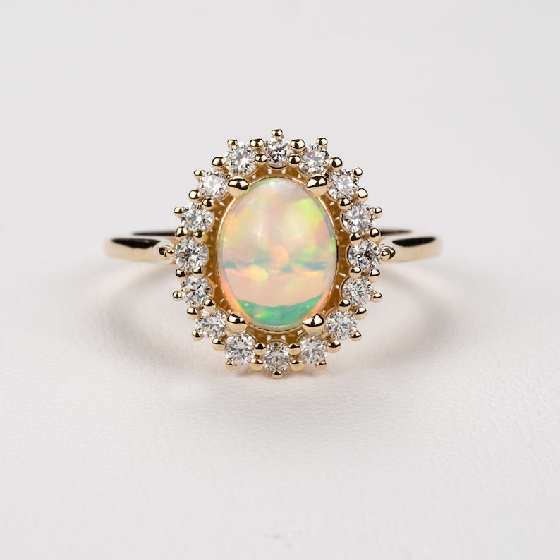 Vintage Style Oval Opal Diamond Halo Engagement Ring 14k, 18k Yellow, Rose, White Gold or Platinum. Custom Fine Jewelry image 1