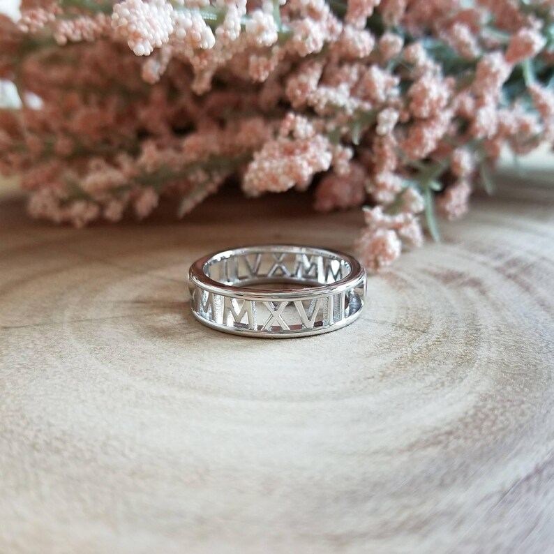 Custom White Gold Roman Numeral Ring 14k, 18k White Gold, Platinum. Personalized Jewelry. Custom Name, Date, Symbol image 5