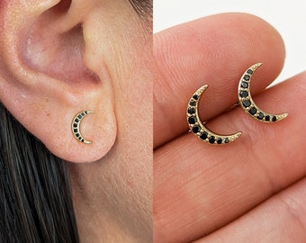 Black Diamond Moon Earrings • 14k, 18k and Platinum Studs • Fine Jewelry for Everyday • Custom Gifts for Her • Made in U.S.A