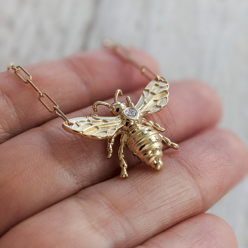 Floating Diamond Bee Necklace Solid Gold Bee Pendant. 14k Etsy