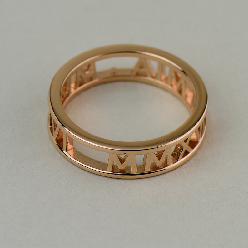 Custom Rose Gold Roman Numeral Ring 14k, 18k Rose Gold. Personalized Name, Date, Symbol, Number. Wedding and Anniversaries image 3