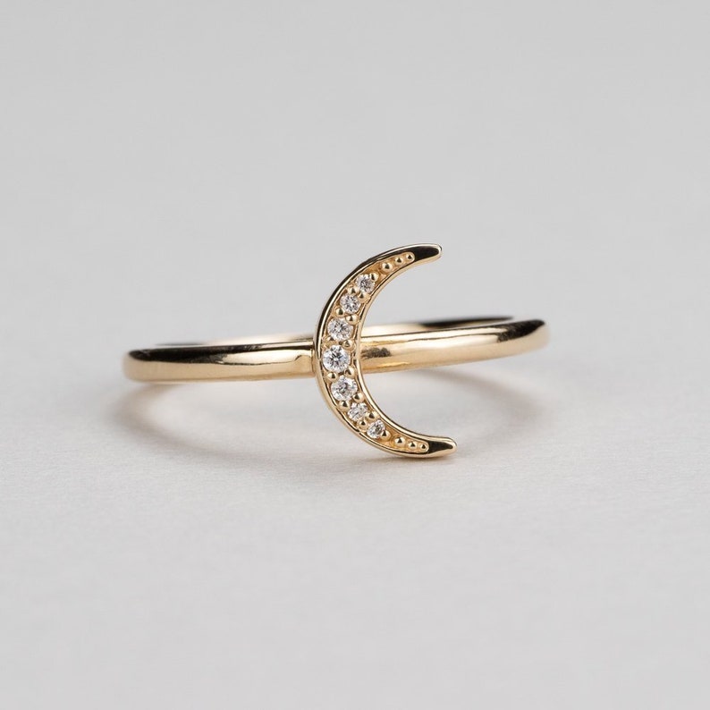 Diamond Crescent Moon Stacking Ring 14k Yellow, Rose, White Gold and Platinum. Stars & Celestial Jewelry image 1