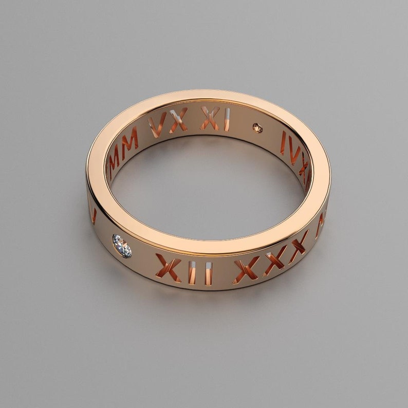 Cutout Roman Numeral Womens Wedding Band Personalized Jewelry. VS1 Diamonds. Custom Text in 14k, 18k Gold, Platinum image 4