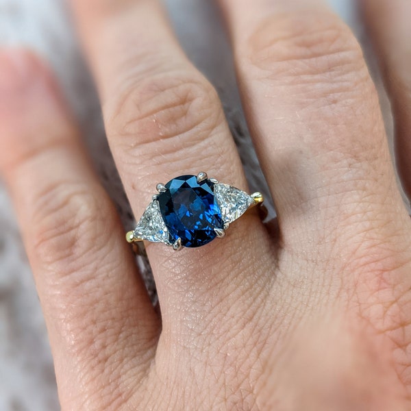 Blue Sapphire and Trillion 3 stone ring: Greta - 3.25 ct Sapphire with 1 carat Diamond trillions.