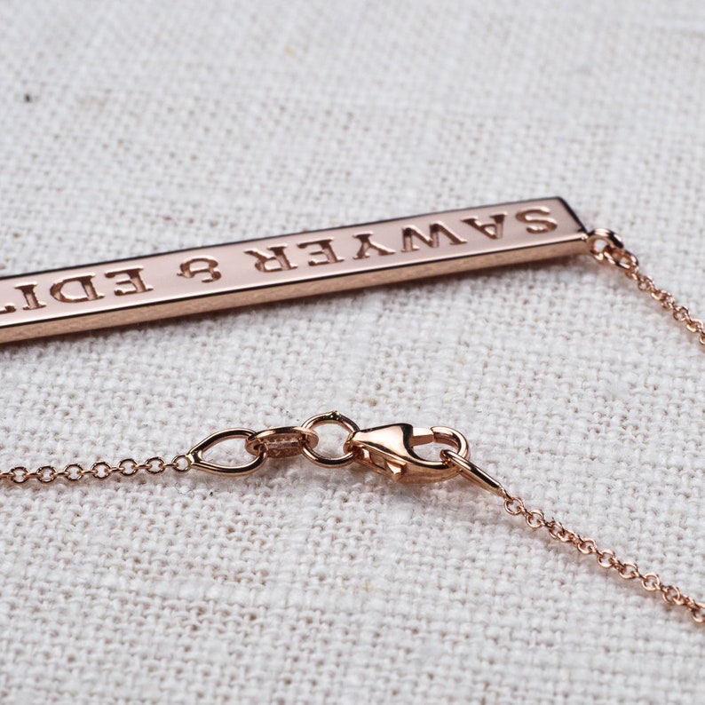 Personalized Bar Necklace 14k, 18k Yellow, Rose, White Gold & Platinum. Custom Text, Roman Numerals, Symbols, Date image 5