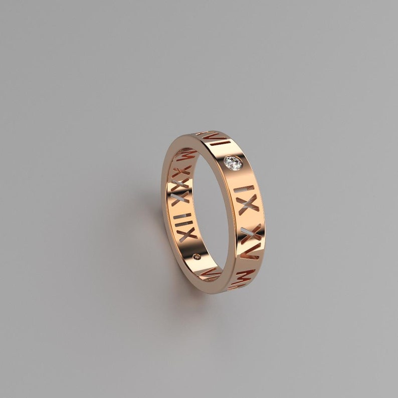 Cutout Roman Numeral Womens Wedding Band Personalized Jewelry. VS1 Diamonds. Custom Text in 14k, 18k Gold, Platinum image 2