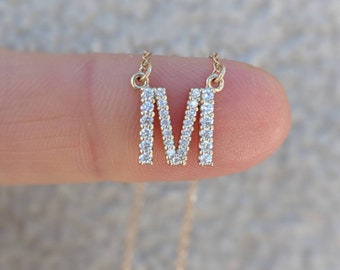 Tiny Diamond Initial Necklace - 14k, 18K Yellow, Rose, White Gold & Platinum. Personalized Jewelry