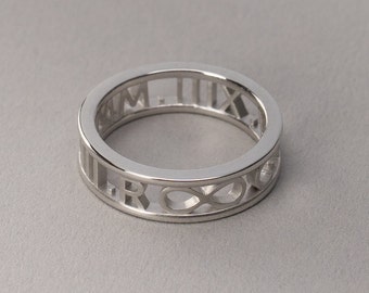 Custom White Gold Roman Numeral Ring - 14k, 18k White Gold, Platinum. Personalized Jewelry. Custom Name, Date, Symbol