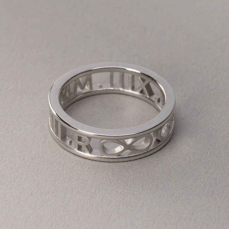 Custom White Gold Roman Numeral Ring 14k, 18k White Gold, Platinum. Personalized Jewelry. Custom Name, Date, Symbol image 1