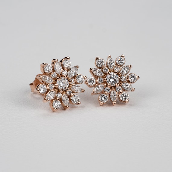 14K Rose Gold Diamond Flower Stud Earring Rose Gold