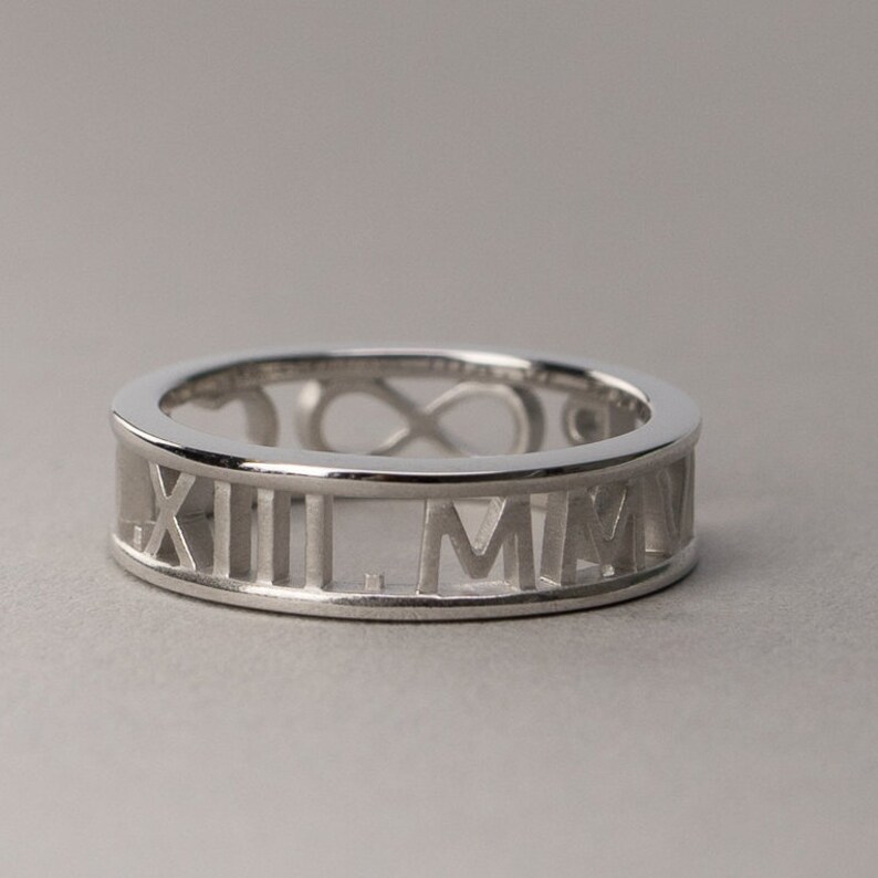 Custom White Gold Roman Numeral Ring 14k, 18k White Gold, Platinum. Personalized Jewelry. Custom Name, Date, Symbol image 3