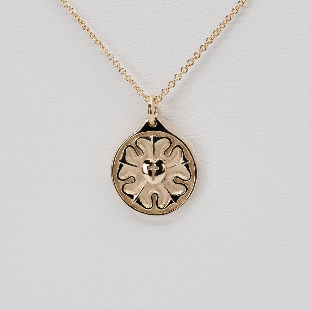 Luther Rose Disc Pendant by Sevgi Jewelry • 14k, 18k Gold or Platinum • Christian, Spiritual, Religious Jewelry • Made in USA