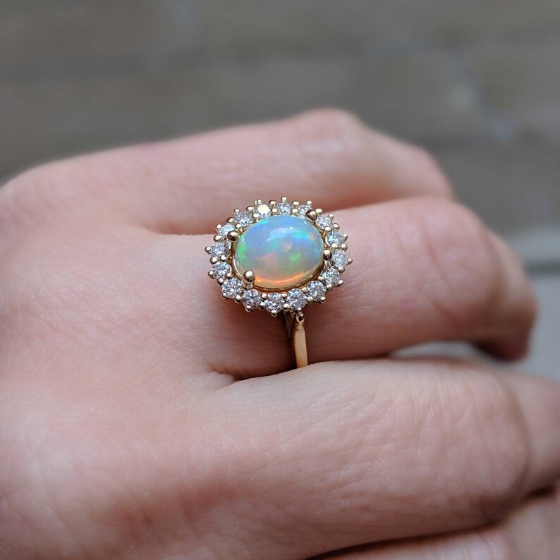 Vintage Style Oval Opal Diamond Halo Engagement Ring 14k, 18k Yellow, Rose, White Gold or Platinum. Custom Fine Jewelry image 8