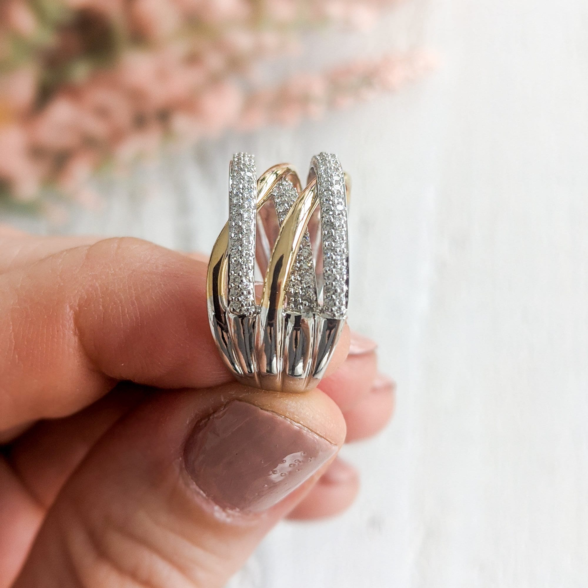 Two Tone Diamond Crossover Ring - 14k, 18k Yellow, Rose Two Tone Diamond Crossover Ring - 14k, 18k Yellow, Rose