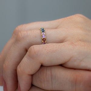 Pastel Rainbow Sapphire in U-cut Pave Setting Multicolor Gemstone Ring Wedding and Anniversary Fully Customizable Made in USA image 5