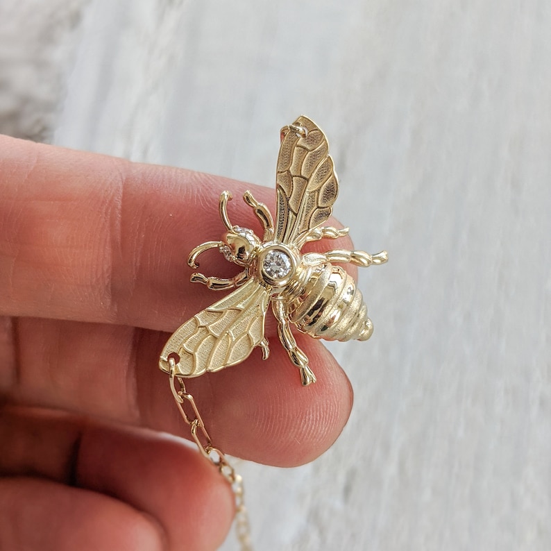 Floating Diamond Bee Necklace Solid Gold Bee Pendant. 14k, 18k Yellow, Rose, White Gold and Platinum. image 4