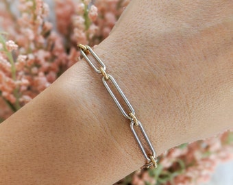 Two Tone Paperclip Chain Bracelet - 14k Yellow Gold & 14k White Gold. Alternating 1 Paperclip 1 Round.