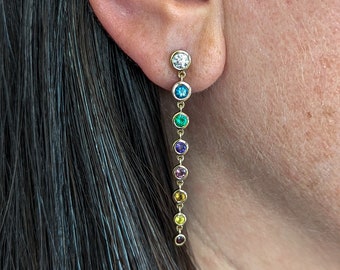 Gemstone Rainbow Bezel Drop Earring- Gemstone and Diamond Drops. Available in 14k, 18k and Platinum. Fully Customizable. Made in U.S.A