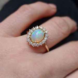 Vintage Style Oval Opal Diamond Halo Engagement Ring 14k, 18k Yellow, Rose, White Gold or Platinum. Custom Fine Jewelry image 7