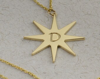 Solid gold Star Initial Necklace with Double Sided Engraving. Personalized Jewelry. 14/18k yellow, rose and white Gold