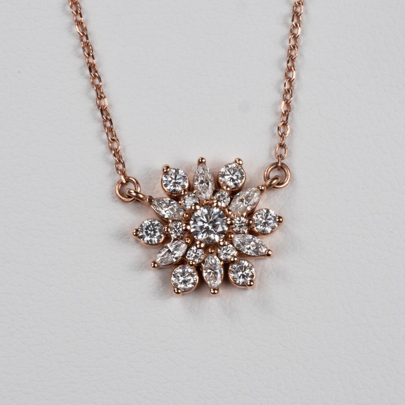 Antique Inspired Floral Diamond Cluster Pendant Necklace 14k Rose, Yellow, White Gold or Platinum. Floral Motif Jewelry image 4