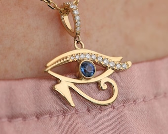 Collar Ojo de Horus - Colgante de Ojo de Horus con diamantes. Joyería de yoga. Oro amarillo, rosa, blanco o platino de 14k, 18k.