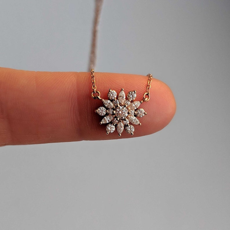 Antique Inspired Floral Diamond Cluster Pendant Necklace 14k Rose, Yellow, White Gold or Platinum. Floral Motif Jewelry image 2