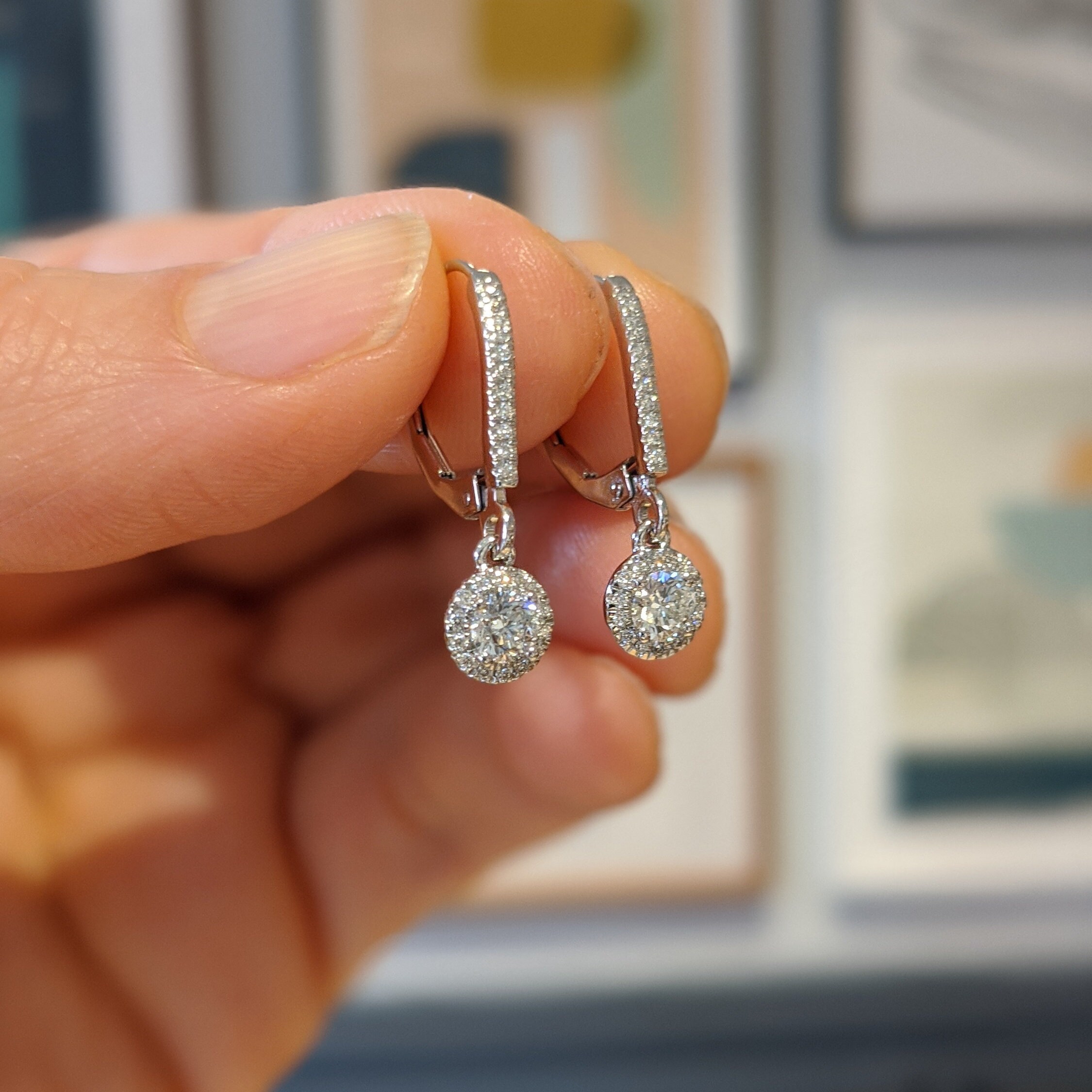 Diamond Halo Lever Back Drop Earrings - 14k, 18k Yellow Diamond Halo Lever Back Drop Earrings - 14k, 18k Yellow