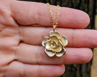 Tea Rose Pendant Necklace - 14k, 18k Yellow, Rose, White Gold or Sterling Silver. Custom Engraving Available