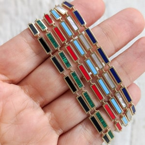 Gemstone Inlay Bar Link Chain - 14k Yellow Gold. Turquoise, Lapiz Lazuli, Coral, Onyx, Mother of Pearl & Malachite. 16&quot; or 18&quot; Lengths