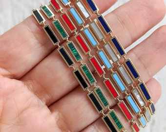 Gemstone Inlay Bar Link Chain - 14k Yellow Gold. Turquoise, Lapiz Lazuli, Coral, Onyx, Mother of Pearl & Malachite. 16&quot; or 18&quot; Lengths
