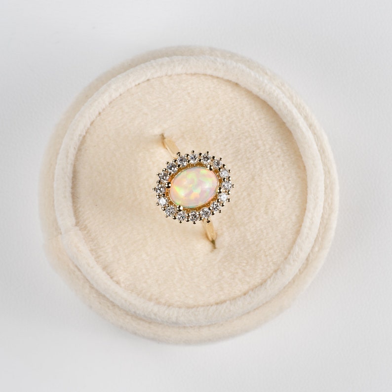 Vintage Style Oval Opal Diamond Halo Engagement Ring 14k, 18k Yellow, Rose, White Gold or Platinum. Custom Fine Jewelry image 5