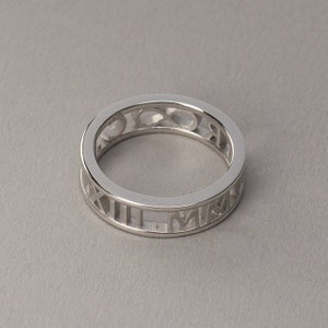 Custom White Gold Roman Numeral Ring 14k, 18k White Gold, Platinum. Personalized Jewelry. Custom Name, Date, Symbol image 4