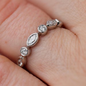 Marquise Round Bezel Set Diamond Eternity Ring - Edna by Sevgi Jewelry • Solid Gold and Platinum • Stackable Wedding and Anniversary Ring