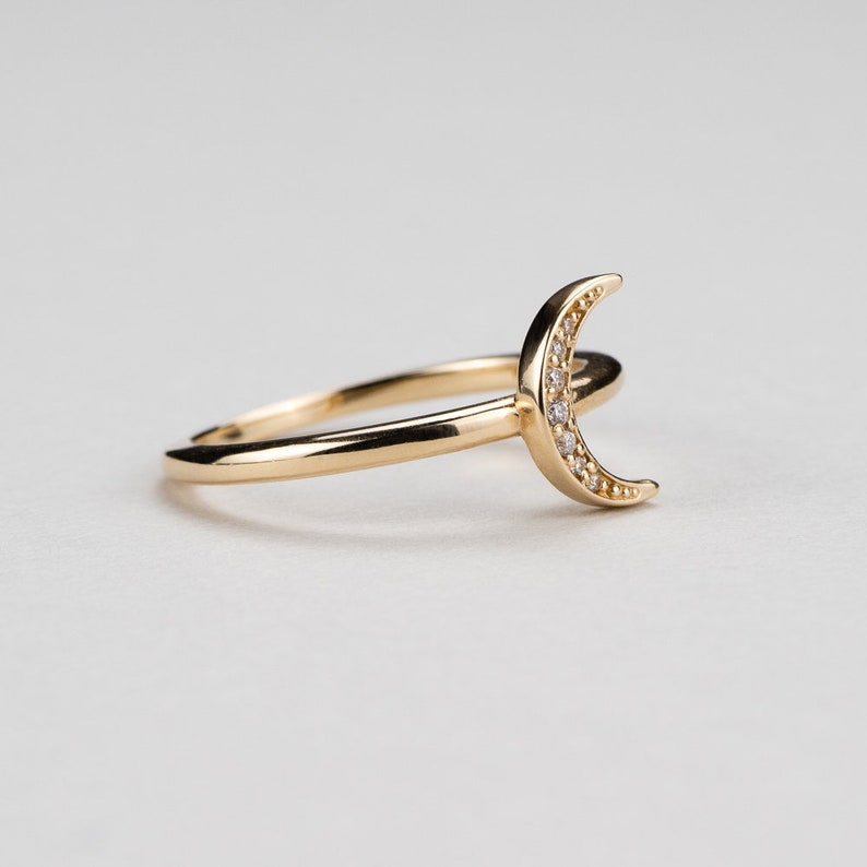 Diamond Crescent Moon Stacking Ring 14k Yellow, Rose, White Gold and Platinum. Stars & Celestial Jewelry image 2