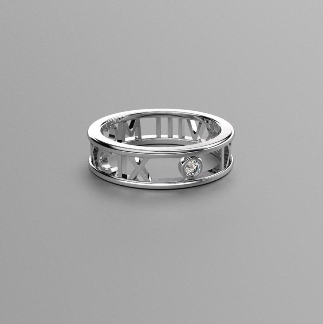 White Gold, Platinum Round Diamond Roman Numeral Ring 14k, 18k White