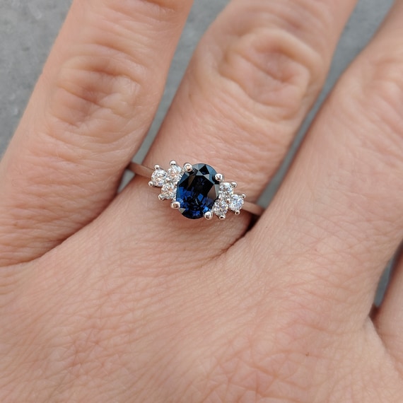 Blue Sapphire Trio Diamond Engagement Ring: Dia 14k, 18k Yellow, Rose,  White Gold or Customize your center stone Ring size: 1/2 US