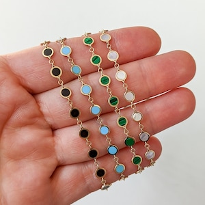 Solid Gold Gemstone Inlay Chain. Available in Onyx, Mother of Pearl, Turquoise and Malachite. High quality Italian Imported Chain.