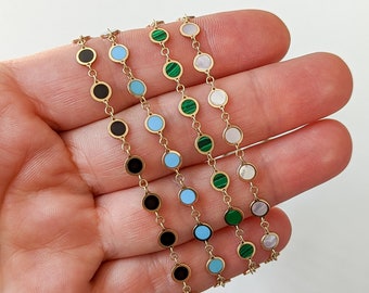 Solid Gold Gemstone Inlay Chain. Available in Onyx, Mother of Pearl, Turquoise and Malachite. High quality Italian Imported Chain.