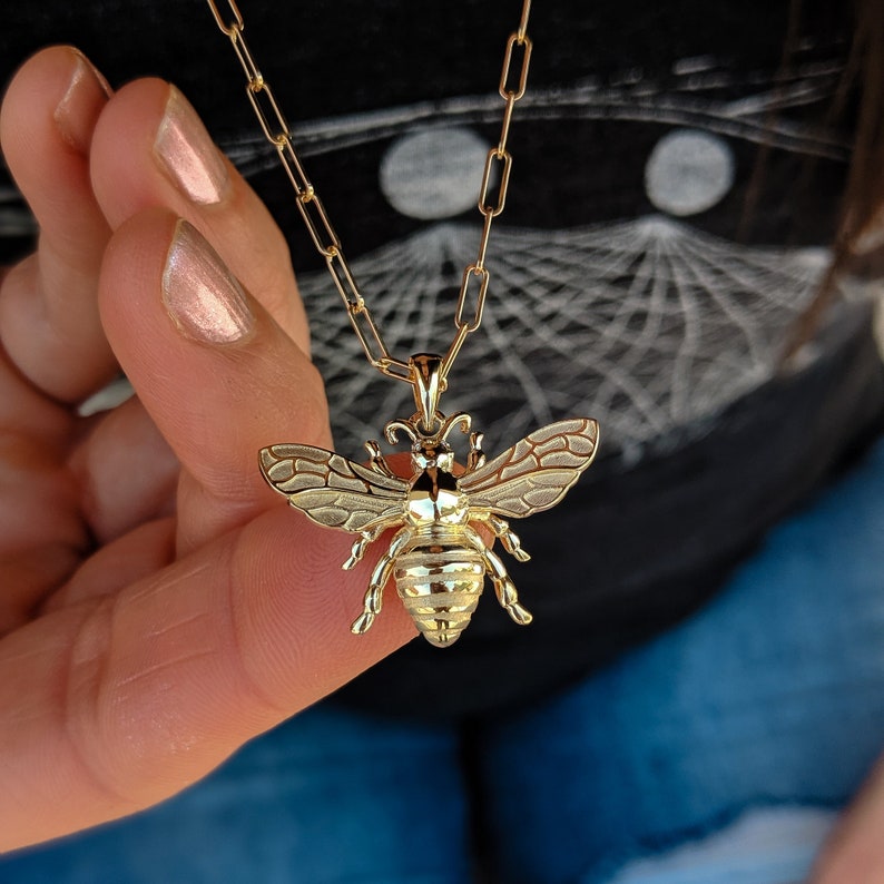 Diamond Bee Necklace Solid Gold Bee Pendant. 14k, 18k Yellow, Rose, White Gold and Platinum. Diamond or Gemstone Eyes image 1