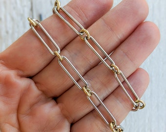 Two Tone Paperclip Chain Necklace - 14k Yellow Gold & 14k White Gold. Alternating 1 Paperclip 1 Round.