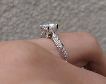 Vintage Style Milgrain Navette Engagement Ring - Etta - Available in Moissanite and Diamond. 14k Gold, Platinum