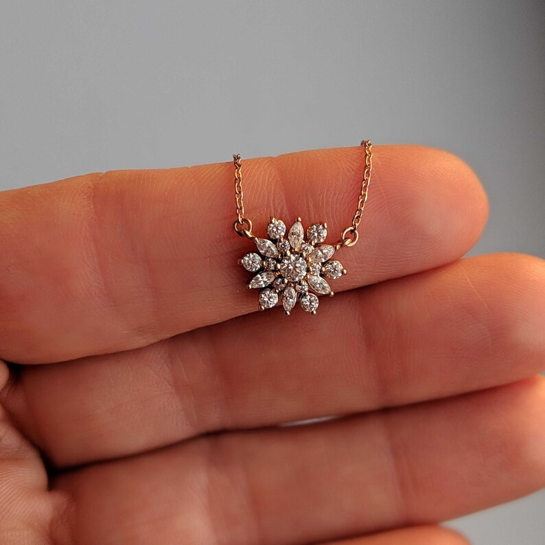 Antique Inspired Floral Diamond Cluster Pendant Necklace 14k Rose, Yellow, White Gold or Platinum. Floral Motif Jewelry image 6