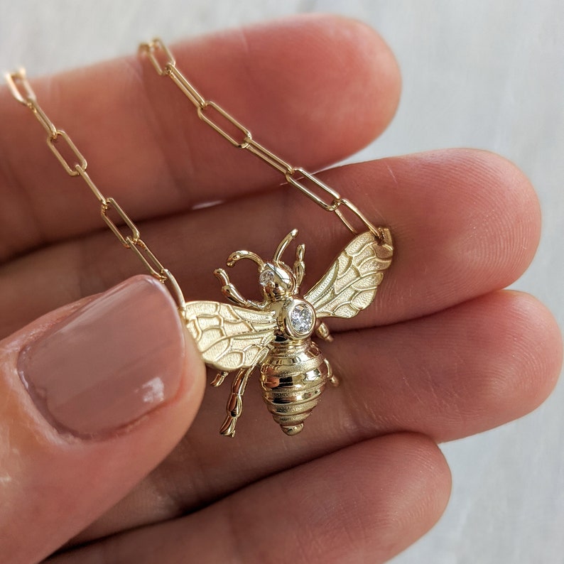 Floating Diamond Bee Necklace Solid Gold Bee Pendant. 14k, 18k Yellow, Rose, White Gold and Platinum. image 1